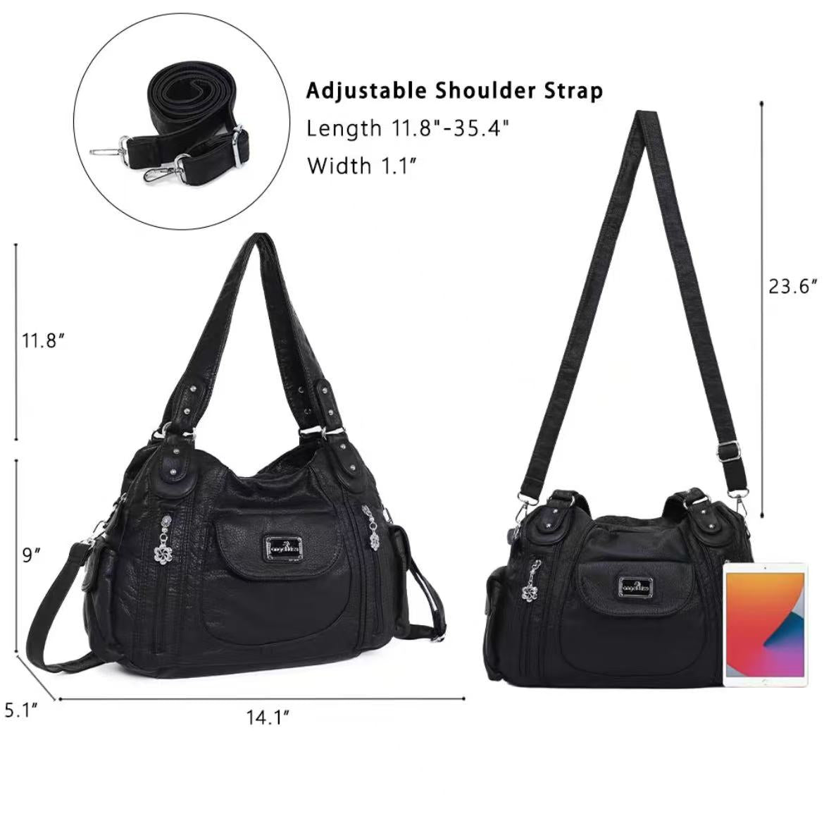 Women's Large Faux Leather Multipocket Hobo Satchel(14.2" x 4.8" x 9.5") - Adjustable Strap Lightweight Convertible Shoulder Bag, Cross Body Bag, Handbag, Purse, Everyday Tote, Cross Body Bags