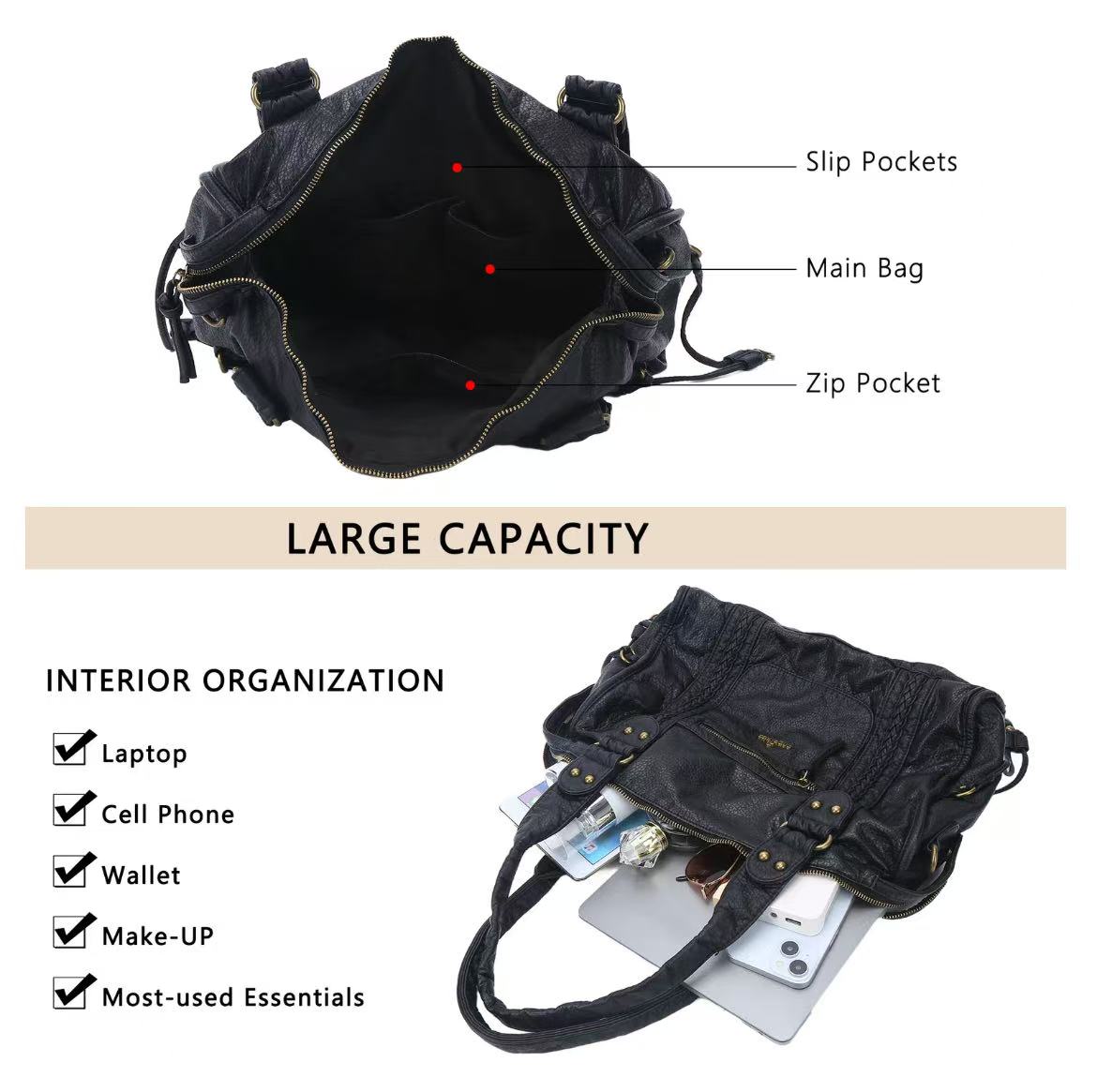 Bag for Women, Vegan Leather Hobo Satchel, Large 15.3"x6.6"x11.4" Tote Purse Shoulder Bag